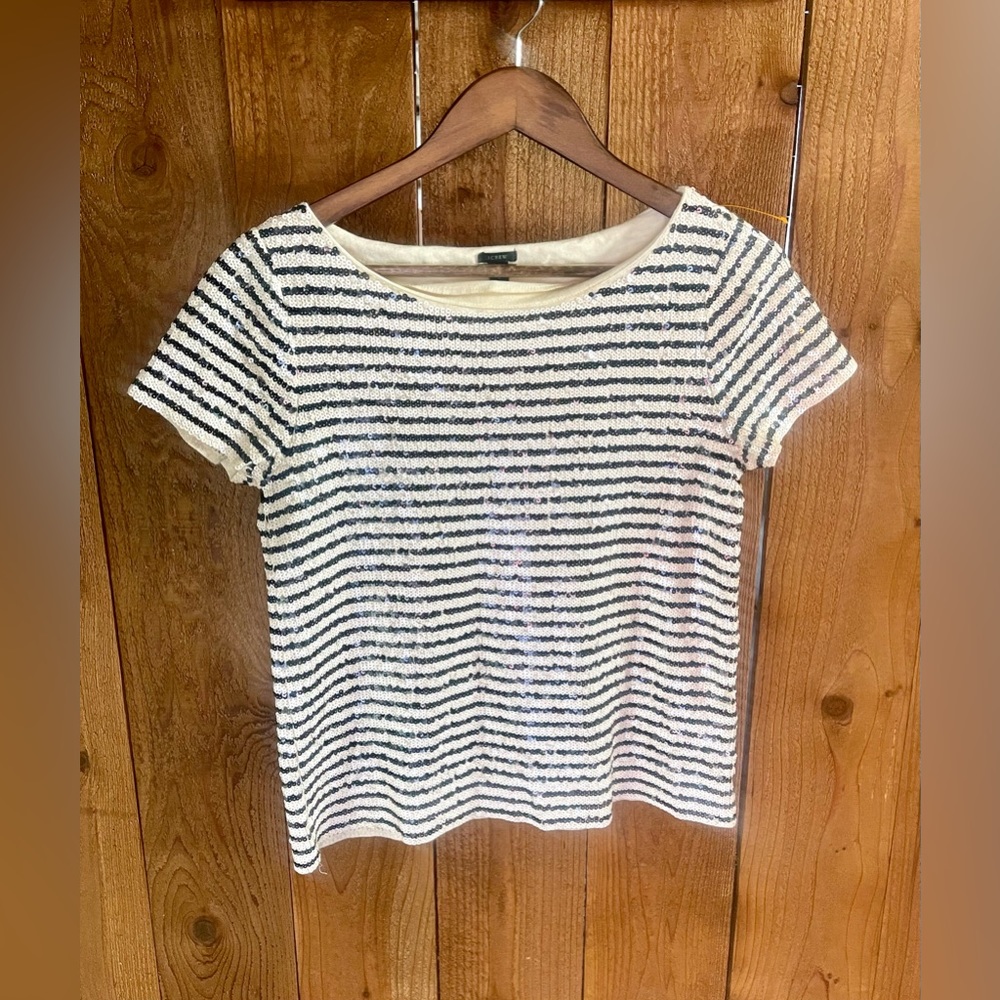 J. Crew Black/Navy and White Striped Sequin Top